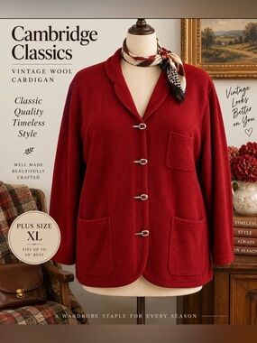 *Vintage Cambridge Classics, wool cardigan sweater with metal closures, pockets